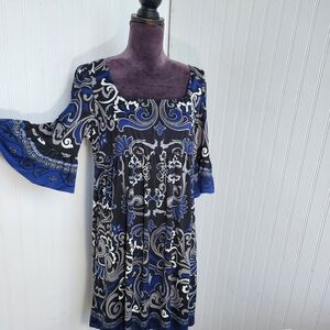 Trulli Women’s Dress Black Gray Blue White 3/4 Flare Bell Sleeve Stretch Sz 12